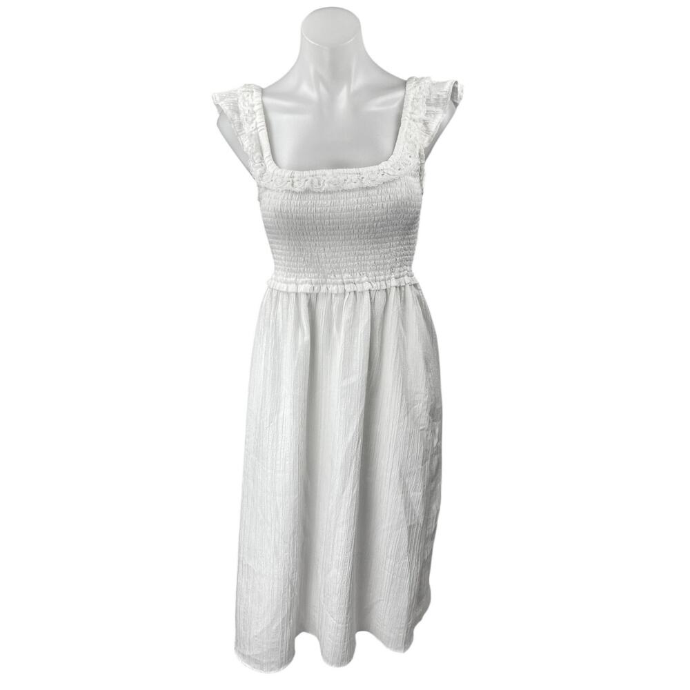 American Eagle White Sleeveless Smocked Floral Ruffle Fit & Flare Midi Dress XS
